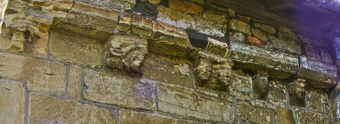 Medieval corbels on the exterior of Bilton Church. There are more inside including Sheelagh naa Gig.